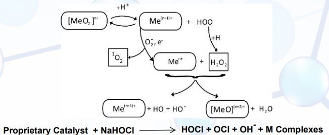 Reaction pathway: the proprietary catalyst plus sodium hypochlorite (NaOCl) yields hydroxyl and oxychloride complexes.
