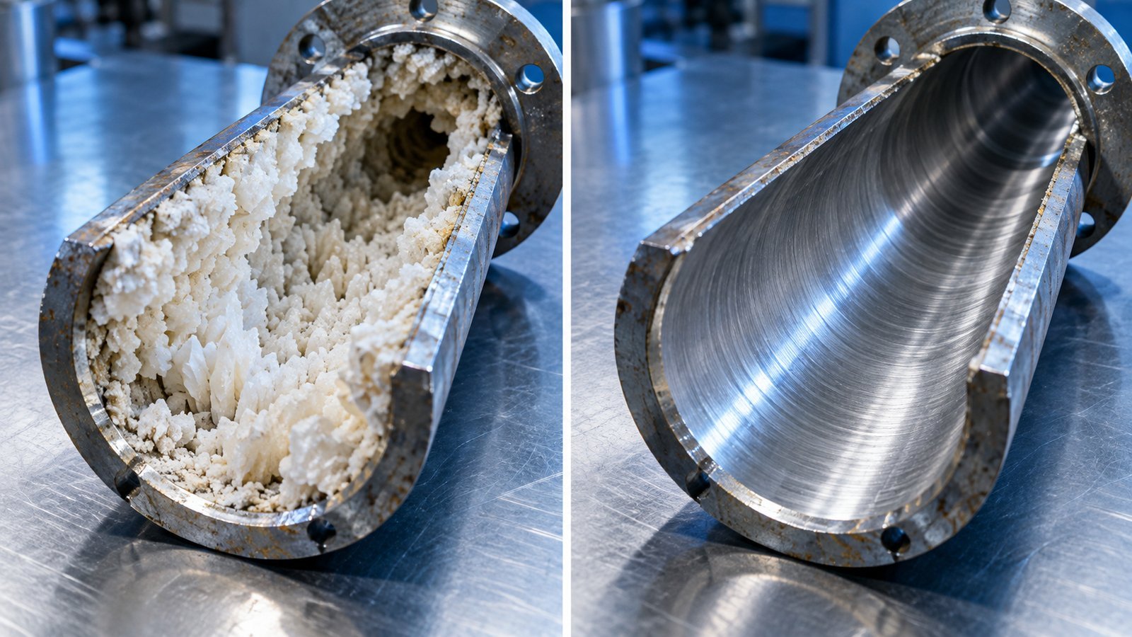 Pipe before and after struvite scale removal